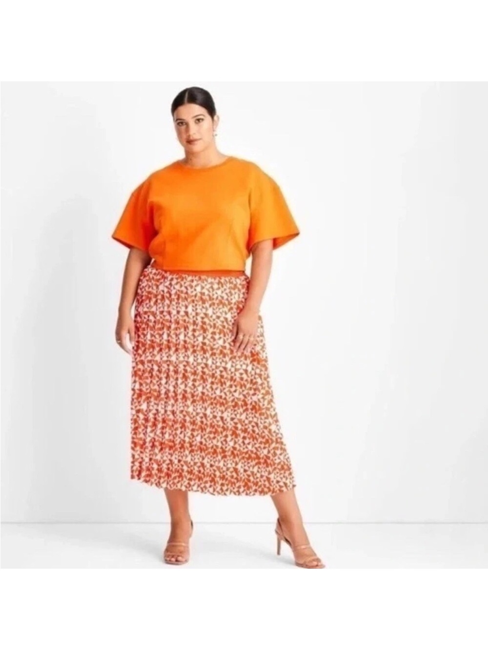 Orange Printed Midi Skirt - Pleated Plus-Size Style